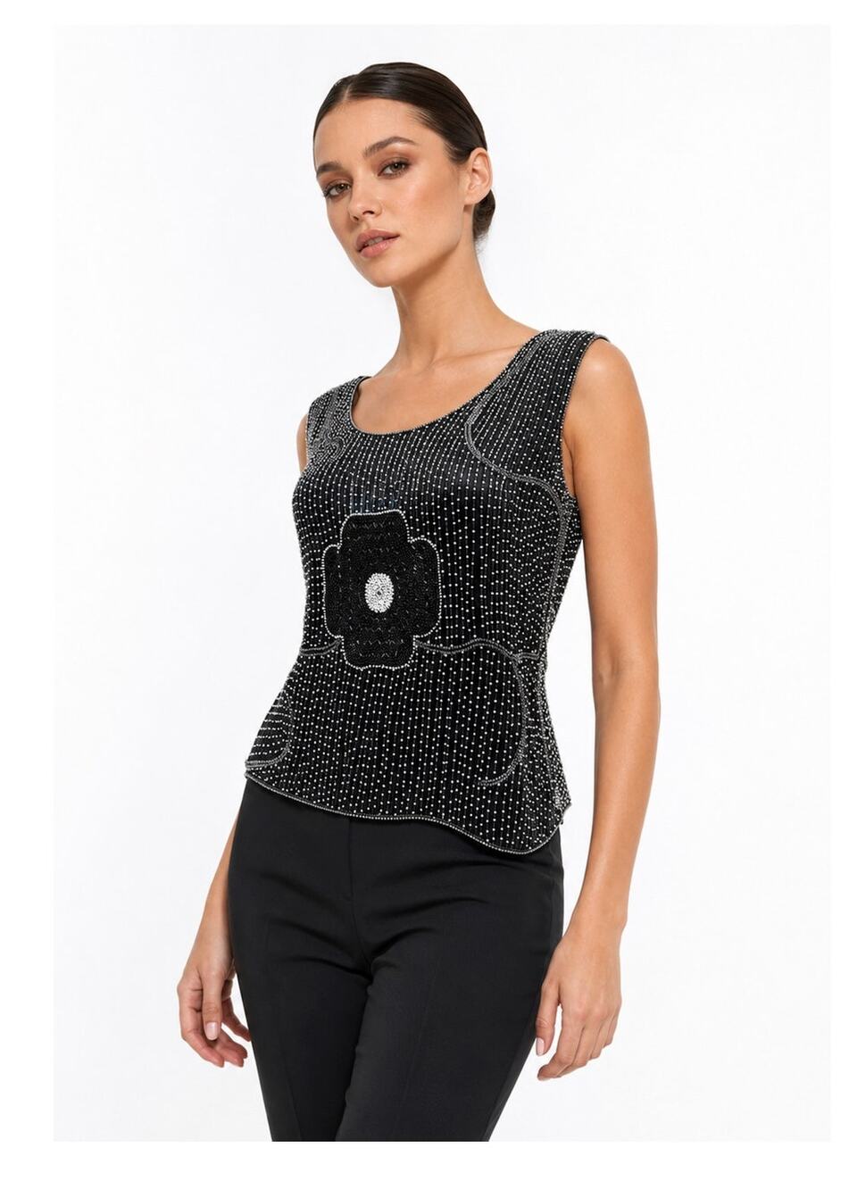 Vintage 70s Black Silk Beaded Tank Top Glass Beads Floral XXS